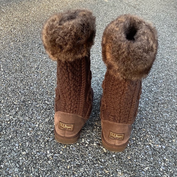 LL Bean Women's Brown KNIT/SWEATER TALL BOOTS Size 7 Faux Fur Tassel Tie GUC - Picture 4 of 10